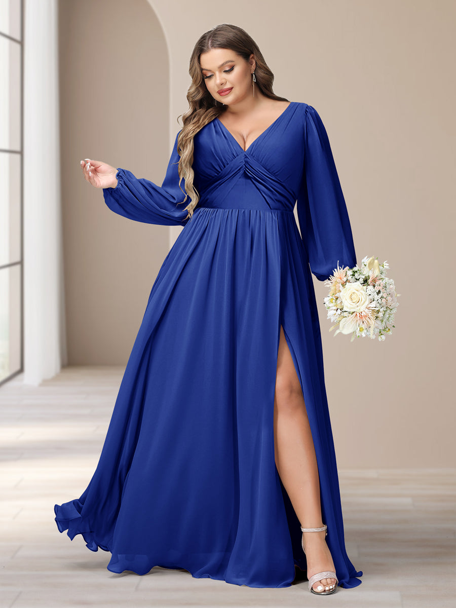 A-Linie/Princess-Linie V-Ausschnitt Lange Ärmel Chiffon Lange Große Größen Brautjungfernkleider Mit Schlitz Seitlich