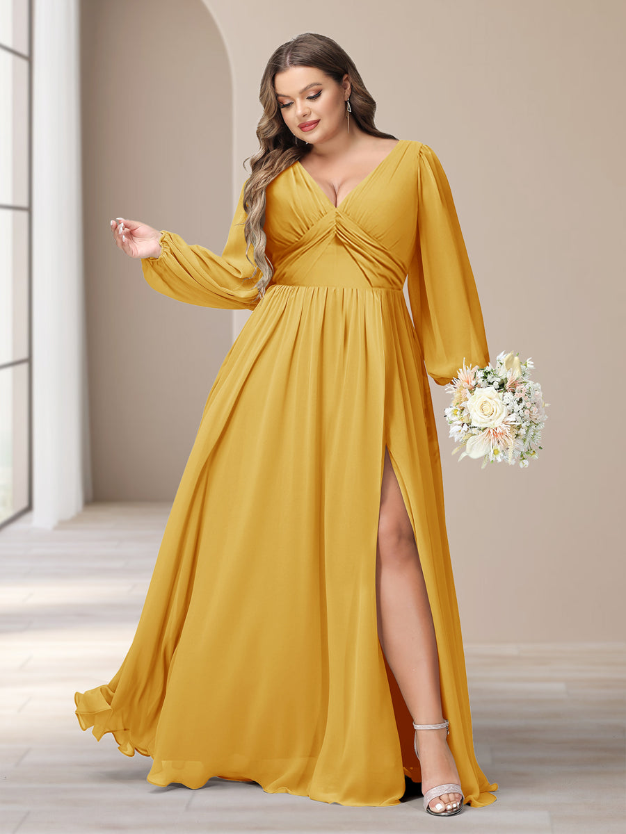 A-Linie/Princess-Linie V-Ausschnitt Lange Ärmel Chiffon Lange Große Größen Brautjungfernkleider Mit Schlitz Seitlich