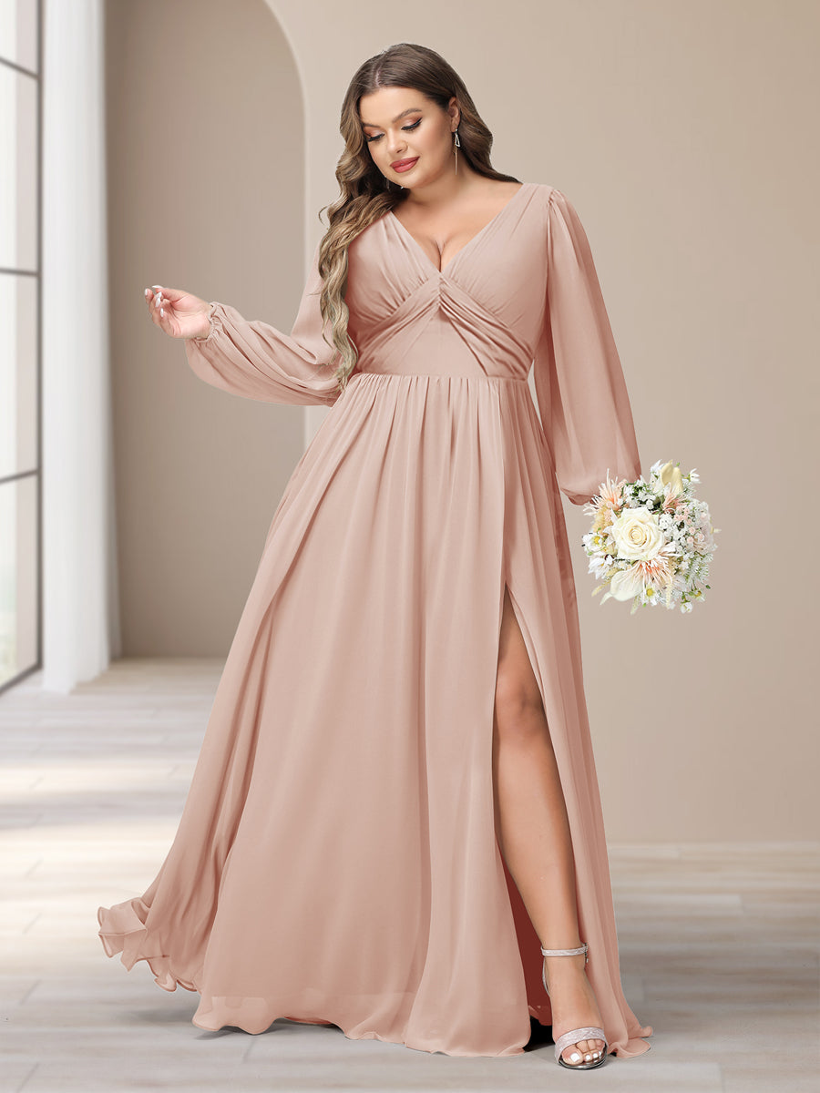 A-Linie/Princess-Linie V-Ausschnitt Lange Ärmel Chiffon Lange Große Größen Brautjungfernkleider Mit Schlitz Seitlich