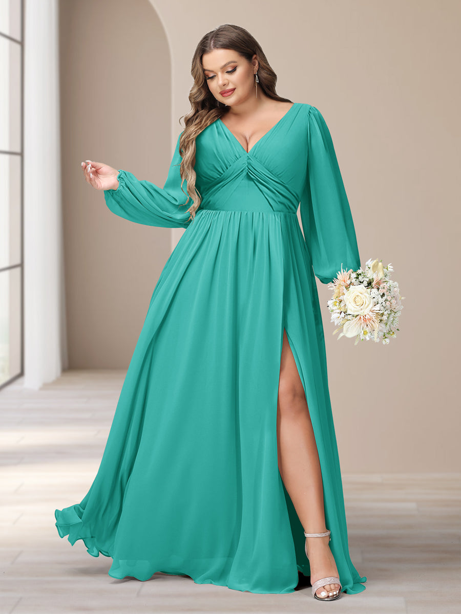 A-Linie/Princess-Linie V-Ausschnitt Lange Ärmel Chiffon Lange Große Größen Brautjungfernkleider Mit Schlitz Seitlich