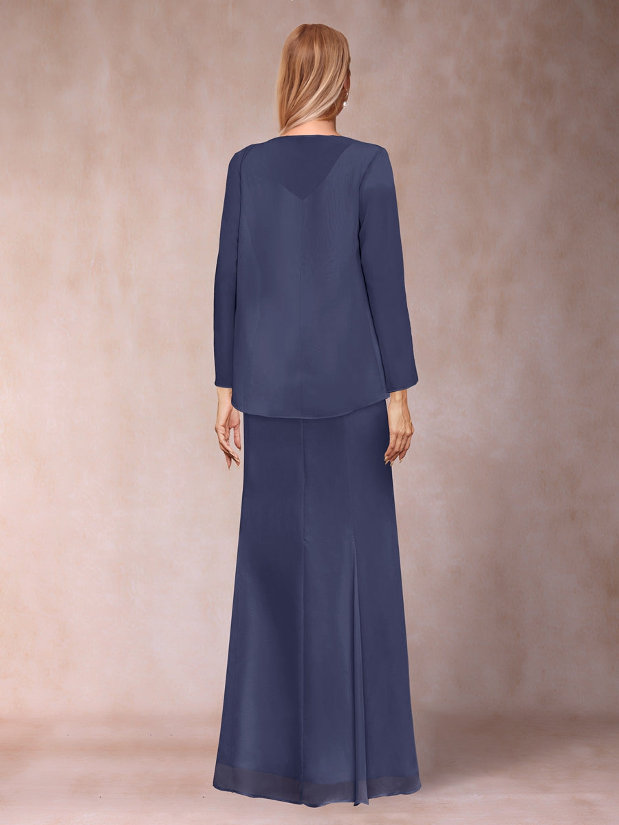 Etui-/Säulen-Kleid mit V-Ausschnitt und bodenlangem Brautmutterkleid mit Jacke und Pailletten