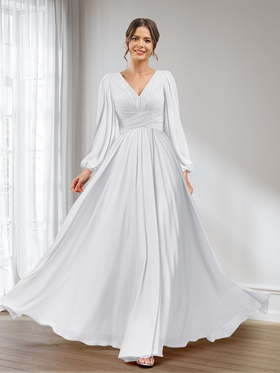 A-Linie/Princess-Linie V-Ausschnitt Lange Ärmel Chiffon Lange Brautjungfernkleider mit Taschen