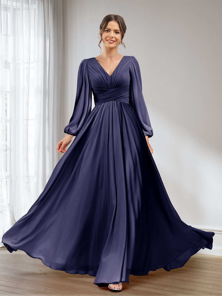 A-Linie/Princess-Linie V-Ausschnitt Lange Ärmel Chiffon Lange Brautjungfernkleider mit Taschen