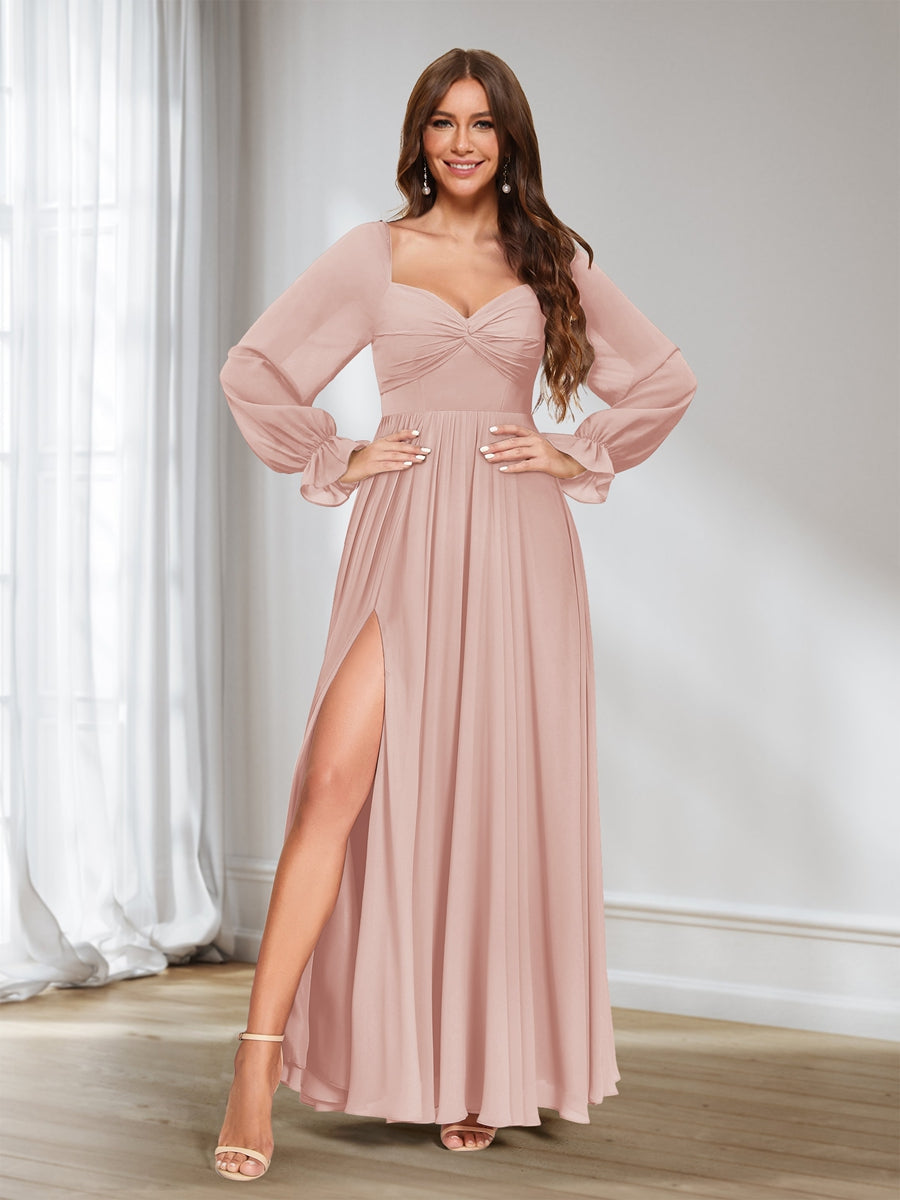 A-Linie/Princess-Linie Herzausschnitt Chiffon Lange Ärmel Brautjungfernkleider mit Schlitz an der Seite