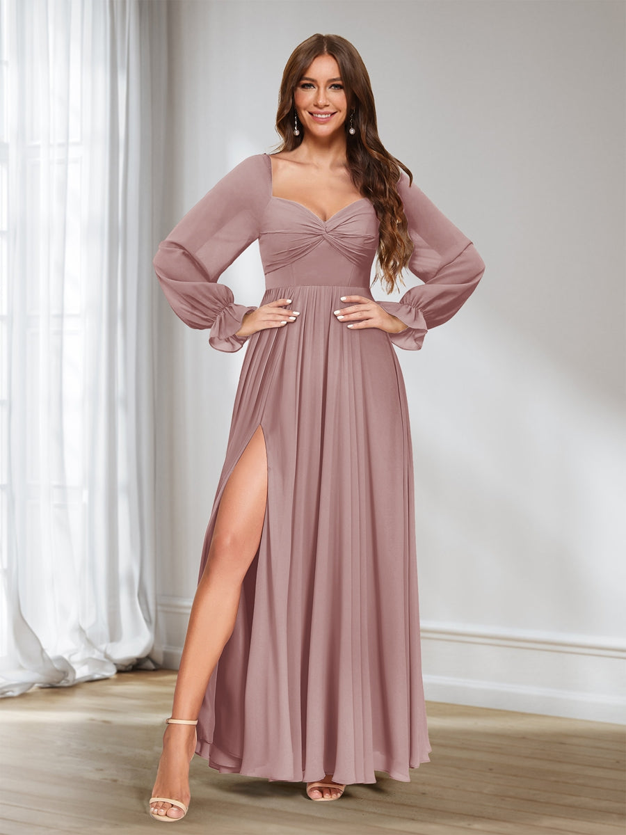 A-Linie/Princess-Linie Herzausschnitt Chiffon Lange Ärmel Brautjungfernkleider mit Schlitz an der Seite