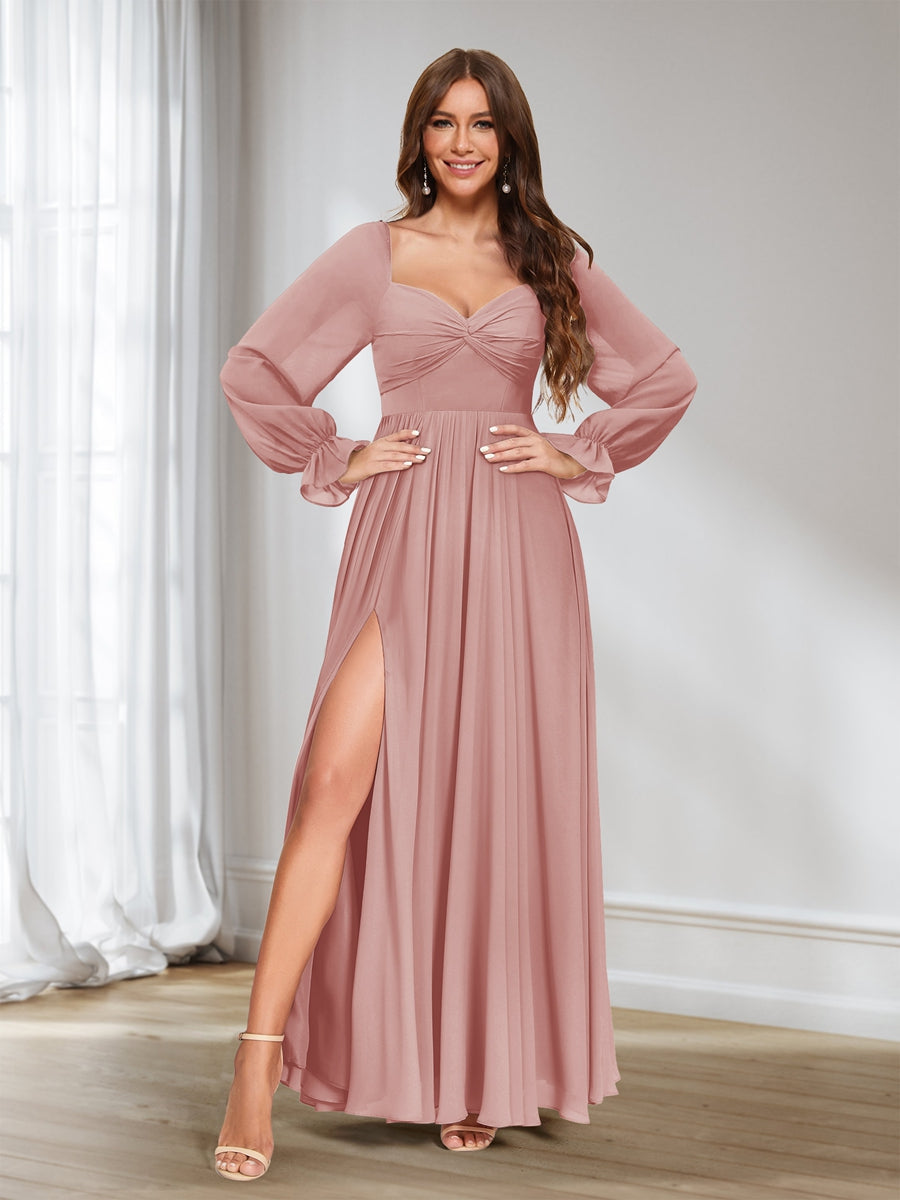 A-Linie/Princess-Linie Herzausschnitt Chiffon Lange Ärmel Brautjungfernkleider mit Schlitz an der Seite