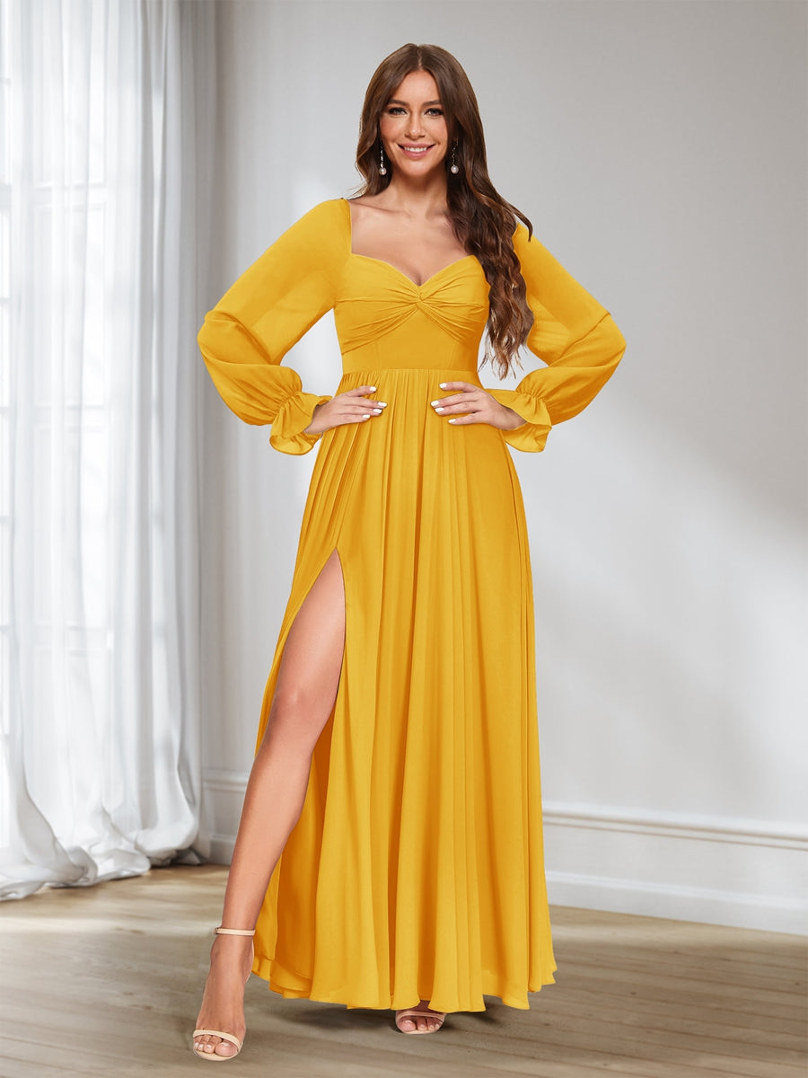 A-Linie/Princess-Linie Herzausschnitt Chiffon Lange Ärmel Brautjungfernkleider mit Schlitz an der Seite