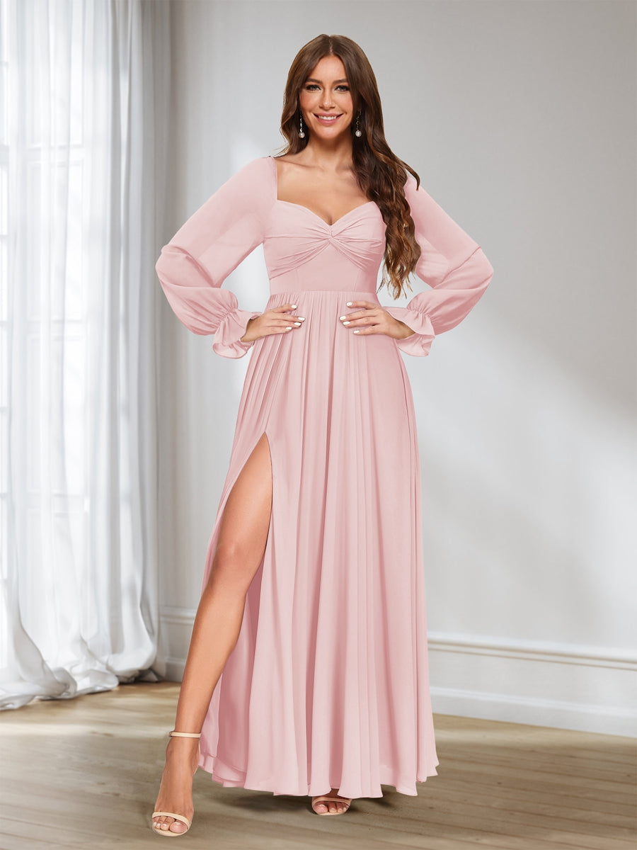 A-Linie/Princess-Linie Herzausschnitt Chiffon Lange Ärmel Brautjungfernkleider mit Schlitz an der Seite