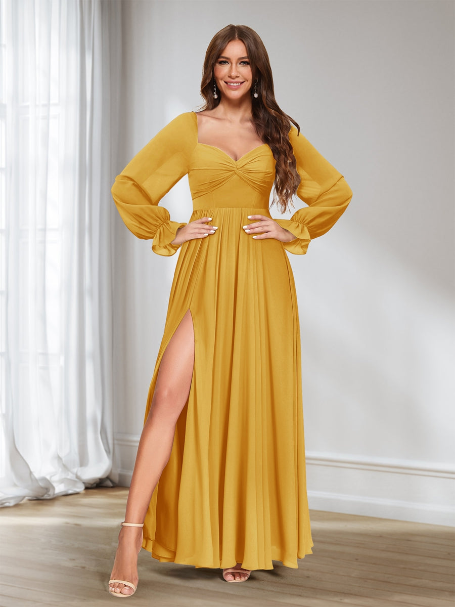 A-Linie/Princess-Linie Herzausschnitt Chiffon Lange Ärmel Brautjungfernkleider mit Schlitz an der Seite