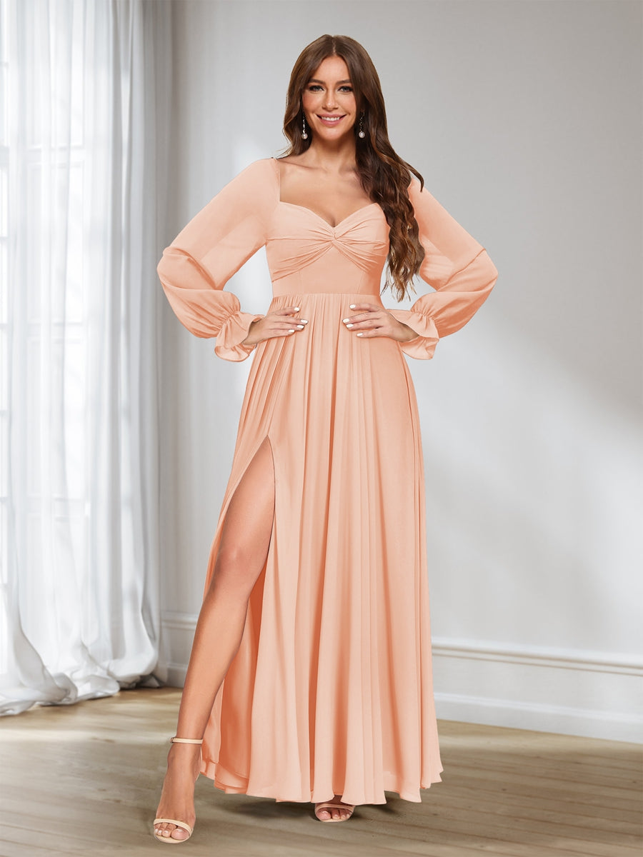 A-Linie/Princess-Linie Herzausschnitt Chiffon Lange Ärmel Brautjungfernkleider mit Schlitz an der Seite