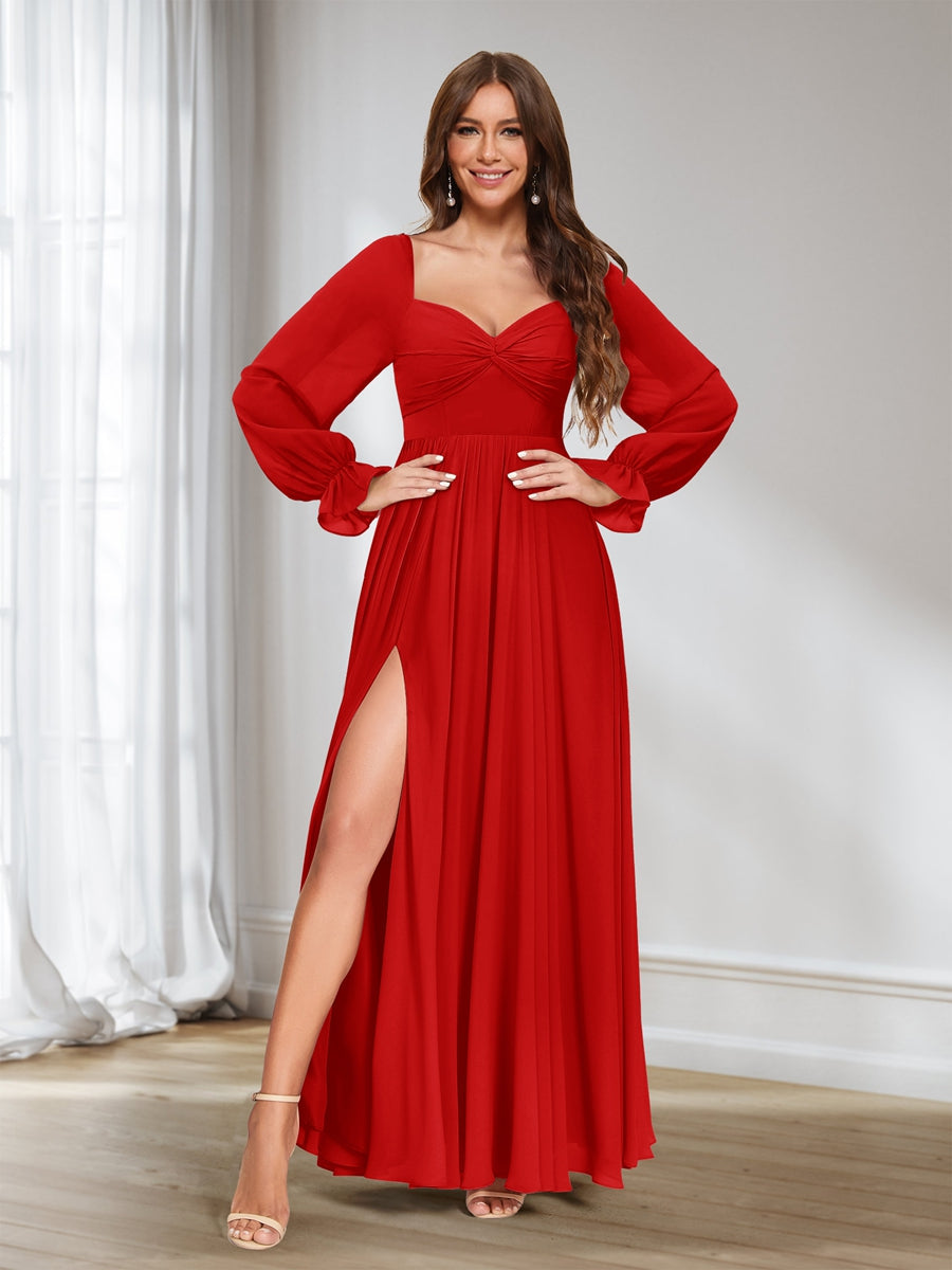 A-Linie/Princess-Linie Herzausschnitt Chiffon Lange Ärmel Brautjungfernkleider mit Schlitz an der Seite