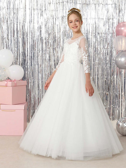 Duchesse-Linie 3/4 Ärmel U-Ausschnitt Bodenlang Blumenmädchenkleider