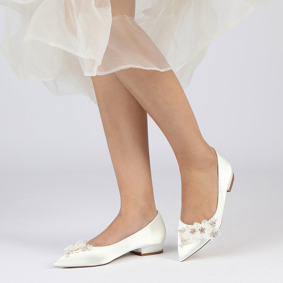 Damen Seidensatin mit Blume Geschlossene Zehen Flacher Absatz Partyschuhe