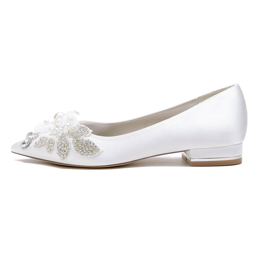 Damen Seidensatin mit Blumenperle Strass Geschlossene Zehenpartie Flacher Absatz Partyschuhe