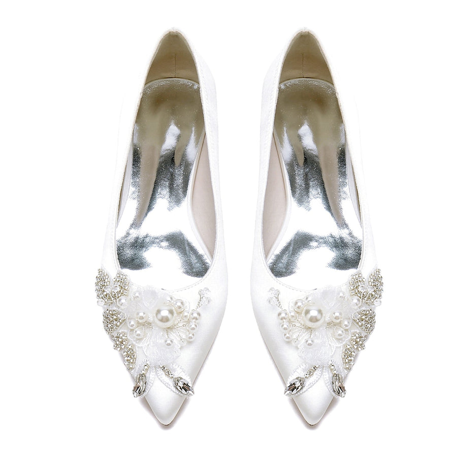 Damen Seidensatin mit Blumenperle Strass Geschlossene Zehenpartie Flacher Absatz Partyschuhe