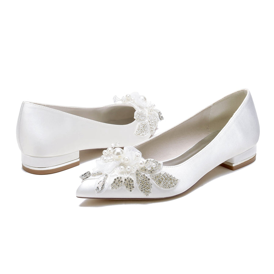 Damen Seidensatin mit Blumenperle Strass Geschlossene Zehenpartie Flacher Absatz Partyschuhe