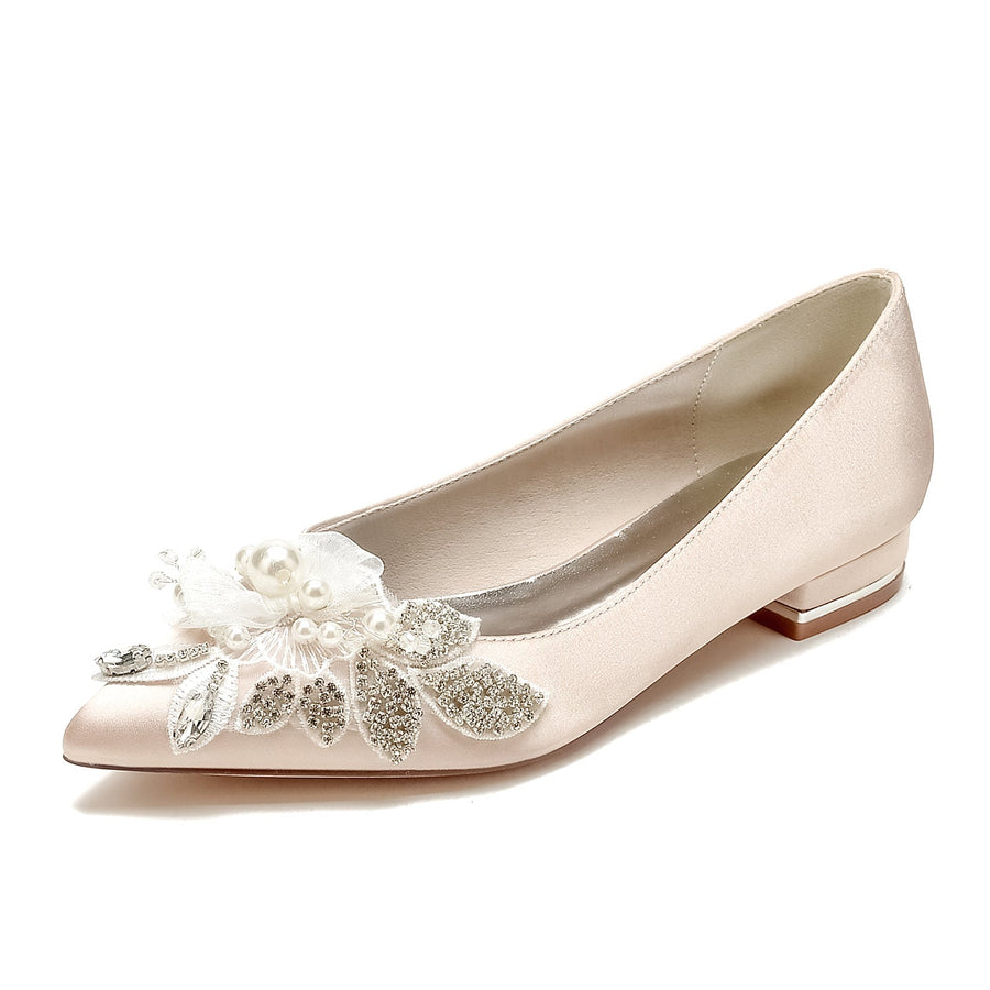 Damen Seidensatin mit Blumenperle Strass Geschlossene Zehenpartie Flacher Absatz Partyschuhe
