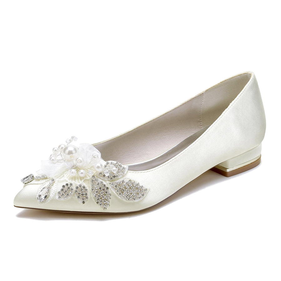 Damen Seidensatin mit Blumenperle Strass Geschlossene Zehenpartie Flacher Absatz Partyschuhe
