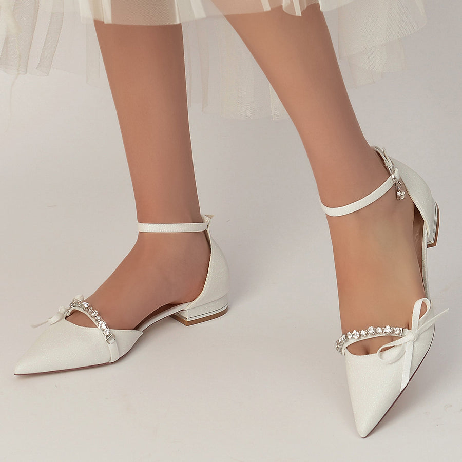 Damen Stretch Glitzer Mit Knöchelriemen Bowknot Strass Geschlossene Zehenpartie Flacher Absatz Partyschuhe