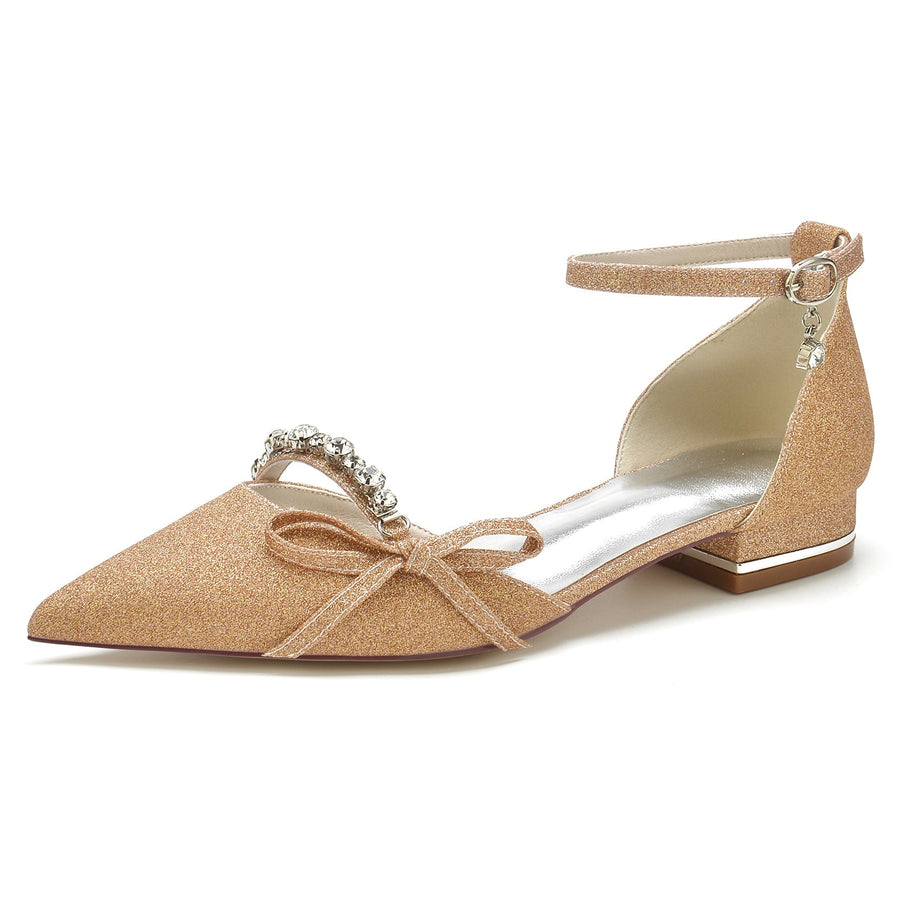 Damen Stretch Glitzer Mit Knöchelriemen Bowknot Strass Geschlossene Zehenpartie Flacher Absatz Partyschuhe