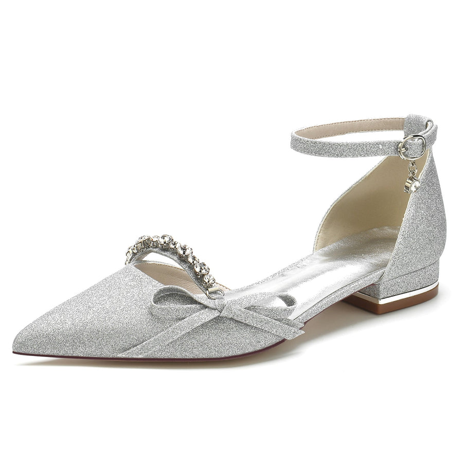 Damen Stretch Glitzer Mit Knöchelriemen Bowknot Strass Geschlossene Zehenpartie Flacher Absatz Partyschuhe