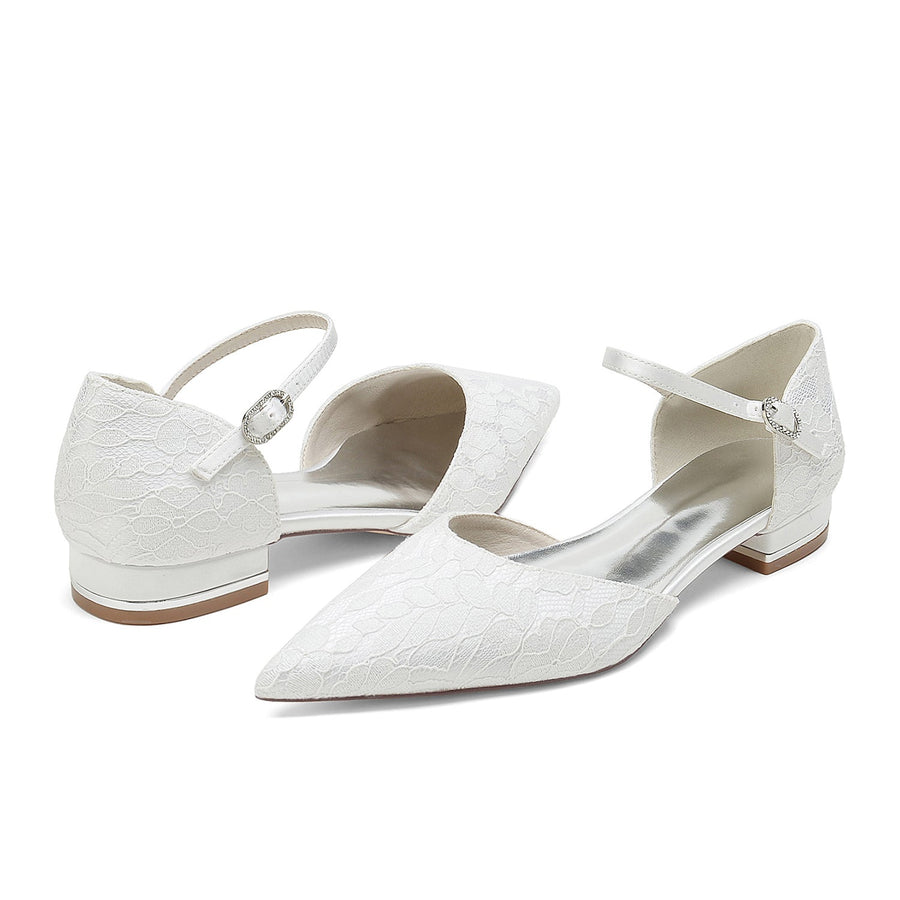 Damen Abendschuhe aus Spitze und Seidensatin mit Knöchelriemen und geschlossener Spitze und flachem Absatz