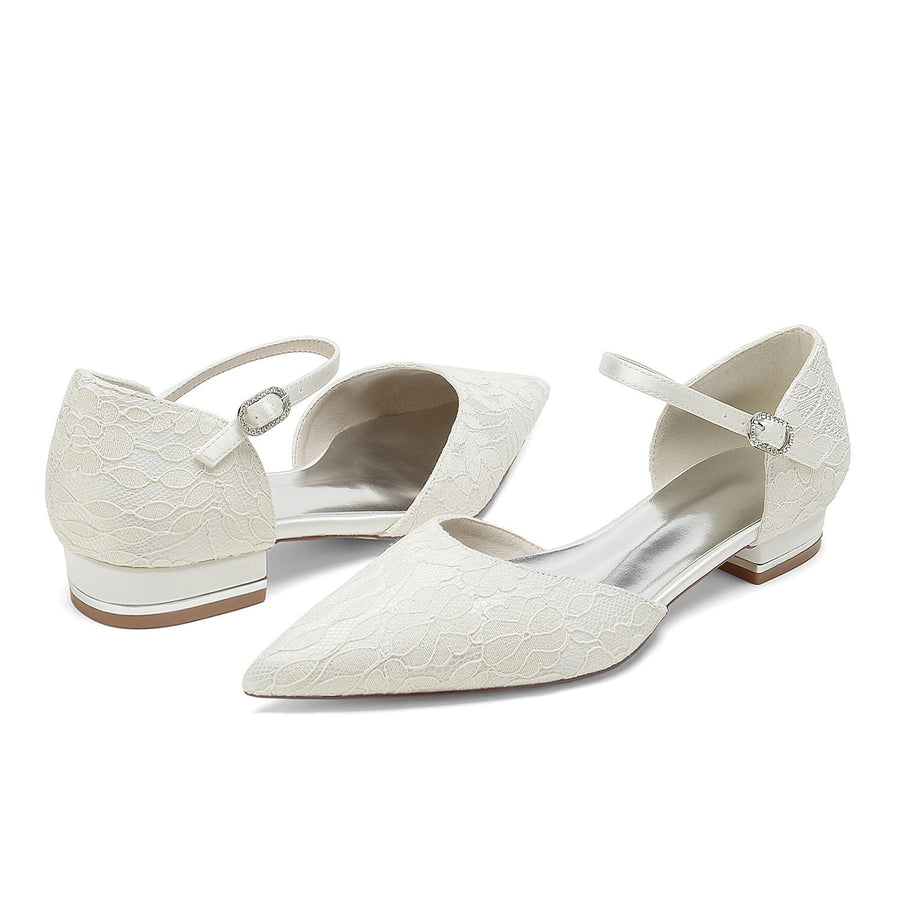 Damen Abendschuhe aus Spitze und Seidensatin mit Knöchelriemen und geschlossener Spitze und flachem Absatz