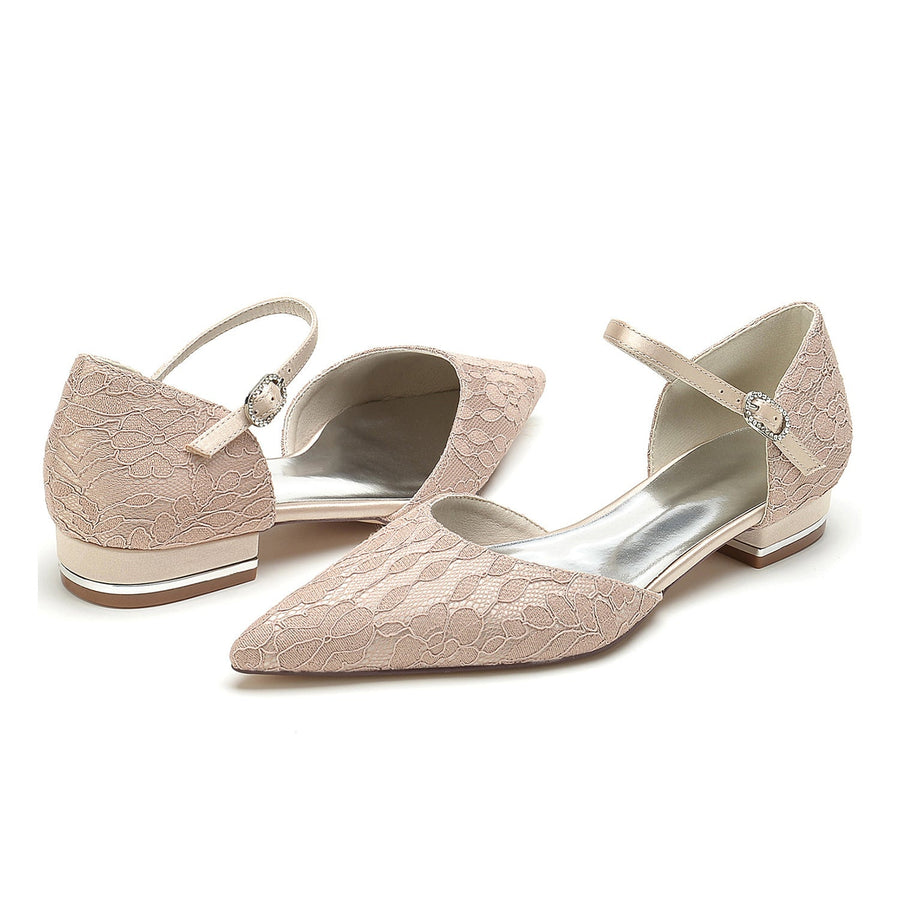 Damen Abendschuhe aus Spitze und Seidensatin mit Knöchelriemen und geschlossener Spitze und flachem Absatz