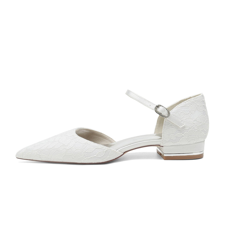 Damen Abendschuhe aus Spitze und Seidensatin mit Knöchelriemen und geschlossener Spitze und flachem Absatz