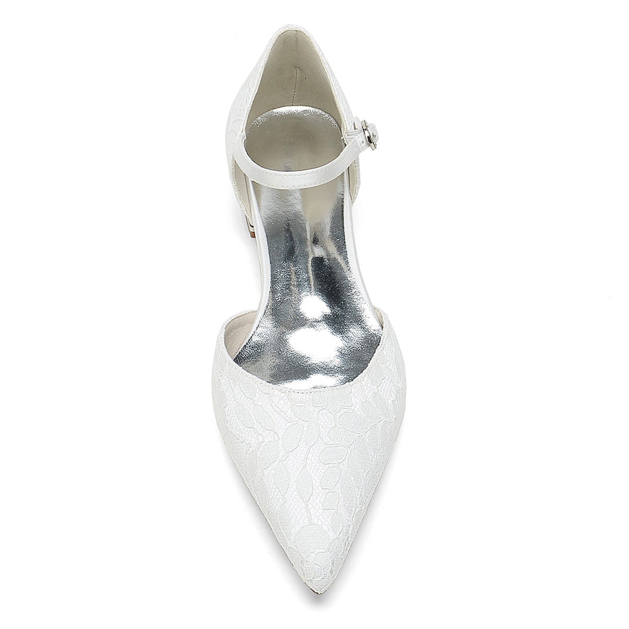 Damen Abendschuhe aus Spitze und Seidensatin mit Knöchelriemen und geschlossener Spitze und flachem Absatz