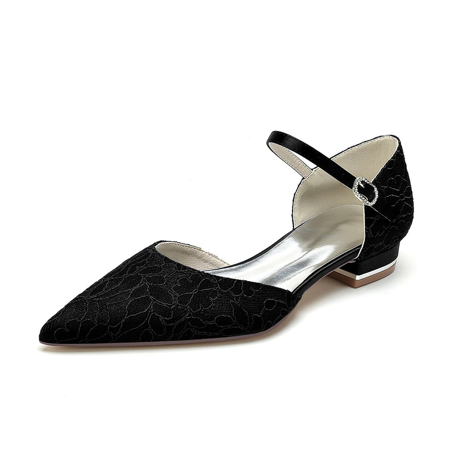 Damen Abendschuhe aus Spitze und Seidensatin mit Knöchelriemen und geschlossener Spitze und flachem Absatz