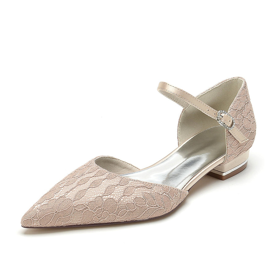 Damen Abendschuhe aus Spitze und Seidensatin mit Knöchelriemen und geschlossener Spitze und flachem Absatz