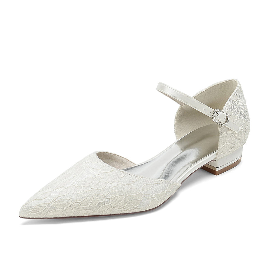 Damen Abendschuhe aus Spitze und Seidensatin mit Knöchelriemen und geschlossener Spitze und flachem Absatz