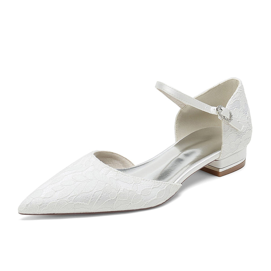 Damen Abendschuhe aus Spitze und Seidensatin mit Knöchelriemen und geschlossener Spitze und flachem Absatz