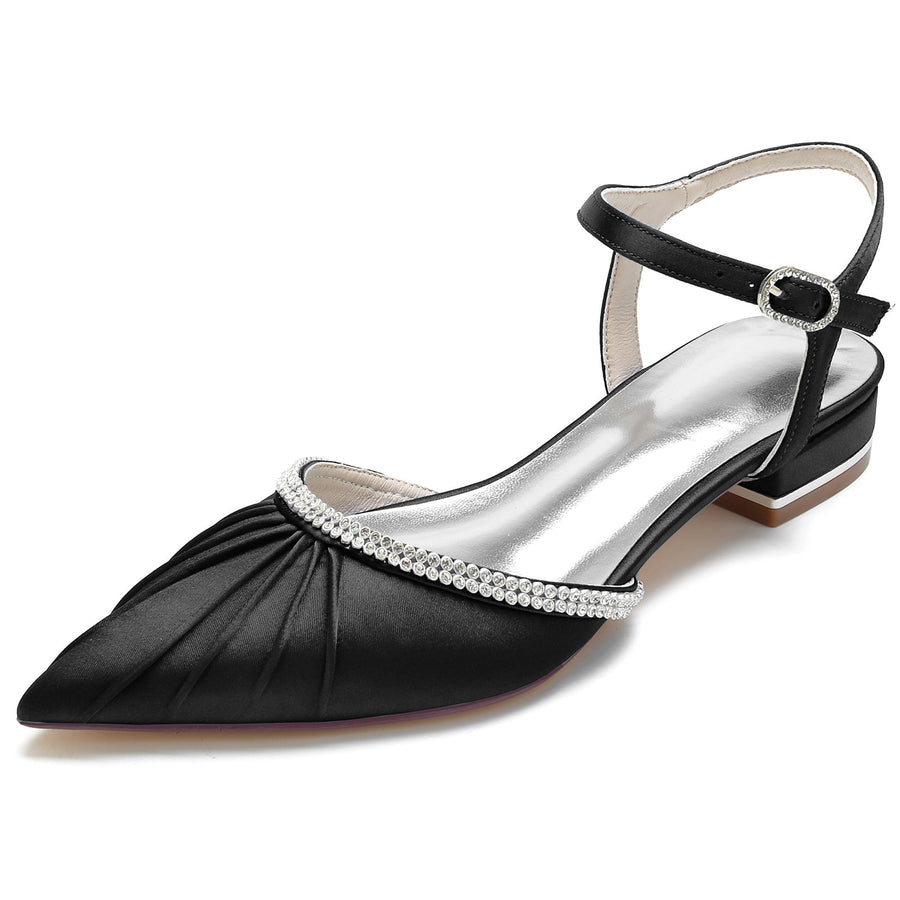 Damen Seidensatin mit geschlossener Spitze Knöchelriemen Strass Flacher Absatz Hochzeitsschuhe