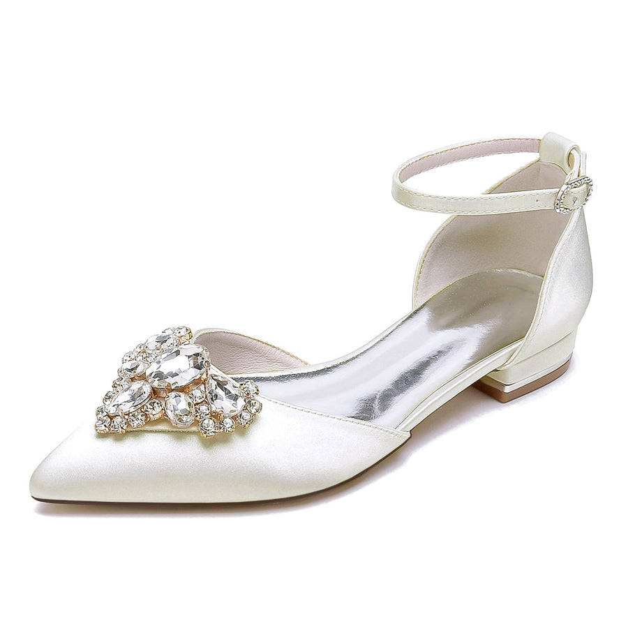 Damen Seidensatin Geschlossene Zehenpartie Mit Knöchelriemen Strass Flacher Absatz Hochzeitsschuhe