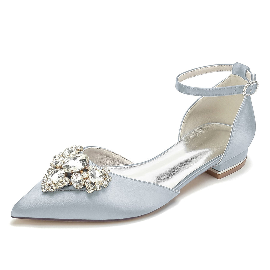Damen Seidensatin Geschlossene Zehenpartie Mit Knöchelriemen Strass Flacher Absatz Hochzeitsschuhe