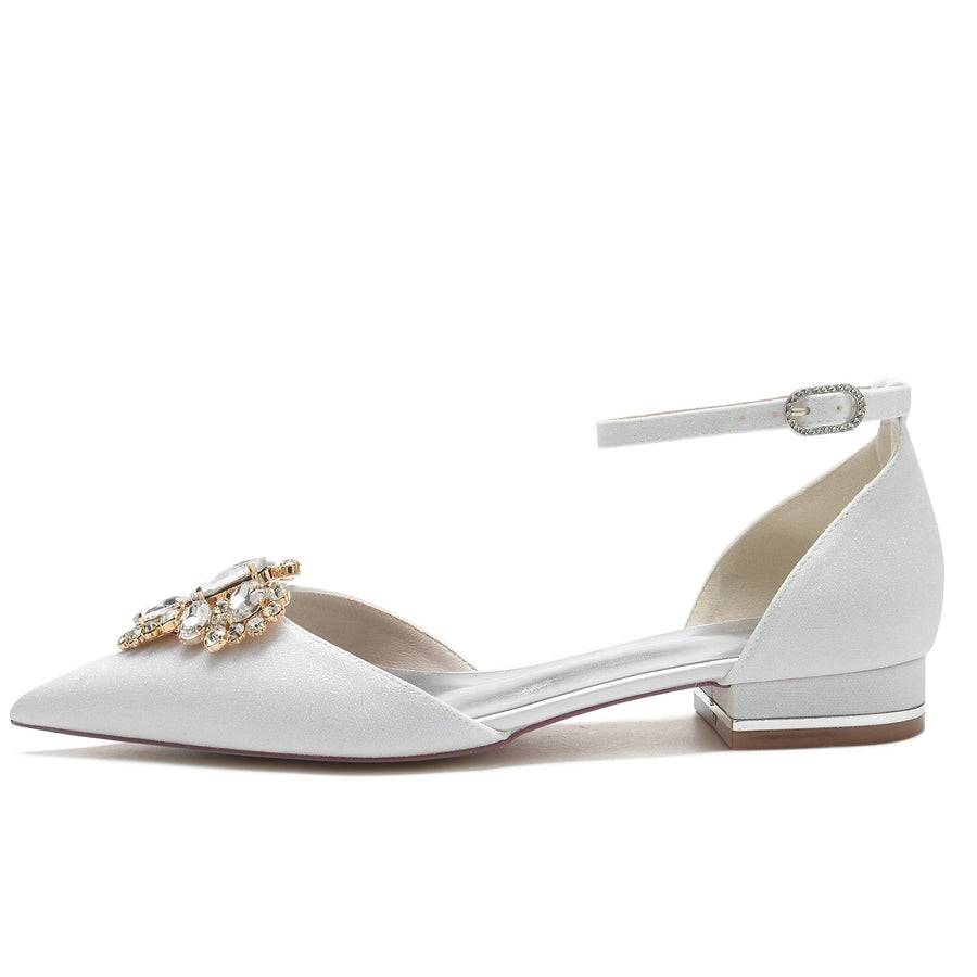 Damen Stretch Glitzer Mit Knöchelriemen Strass Geschlossene Zehenpartie Flacher Absatz Partyschuhe