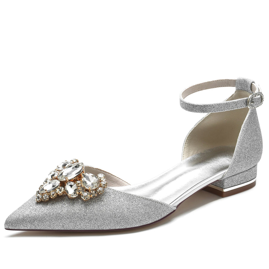 Damen Stretch Glitzer Mit Knöchelriemen Strass Geschlossene Zehenpartie Flacher Absatz Partyschuhe