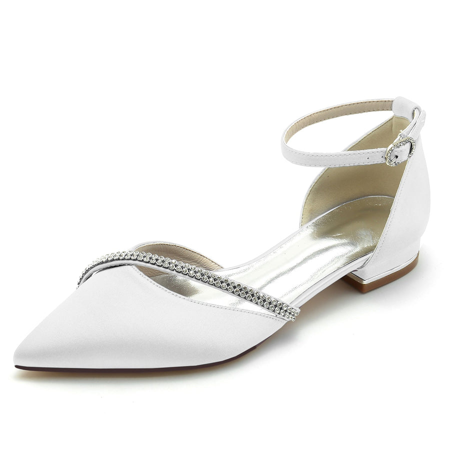 Damen Knöchelriemen Seidensatin mit Strass Geschlossene Zehenpartie Flacher Absatz Partyschuhe