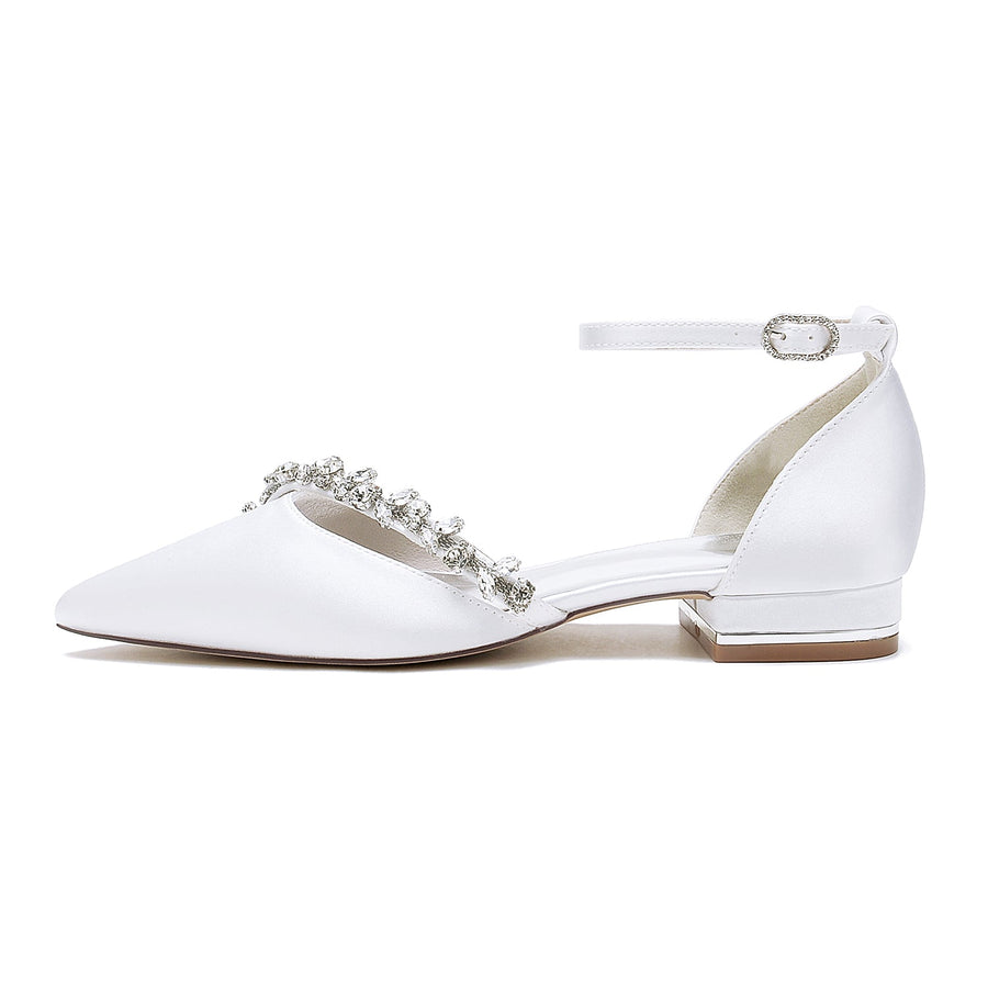 Damen Seidensatin Mit Knöchelriemen Strass Geschlossene Zehenpartie Flacher Absatz Partyschuhe