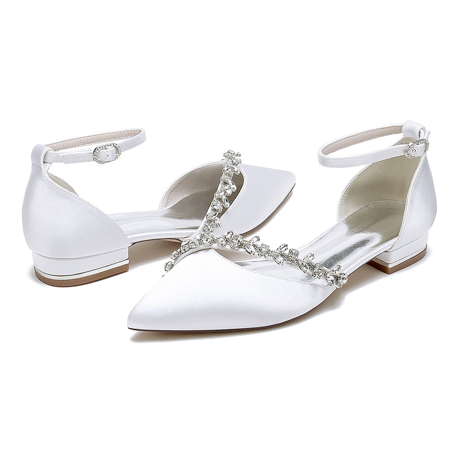 Damen Seidensatin Mit Knöchelriemen Strass Geschlossene Zehenpartie Flacher Absatz Partyschuhe