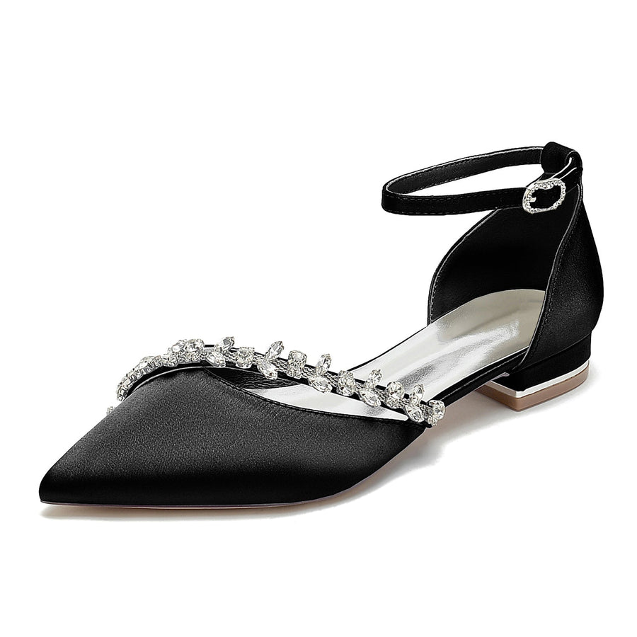 Damen Seidensatin Mit Knöchelriemen Strass Geschlossene Zehenpartie Flacher Absatz Partyschuhe