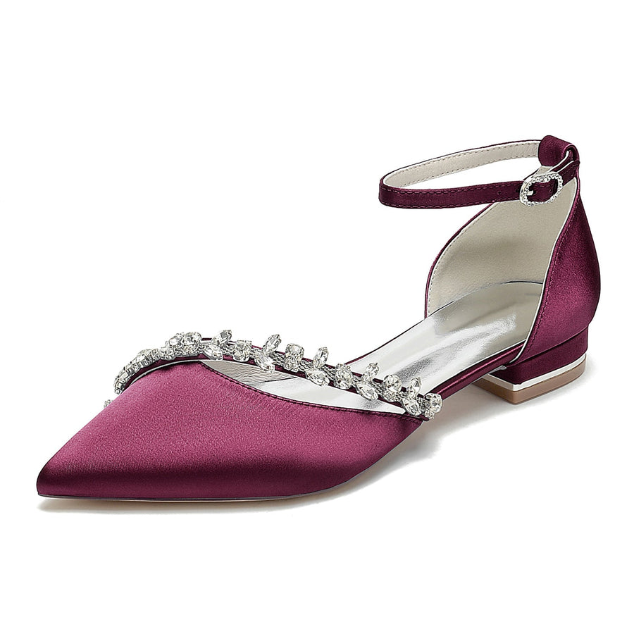 Damen Seidensatin Mit Knöchelriemen Strass Geschlossene Zehenpartie Flacher Absatz Partyschuhe