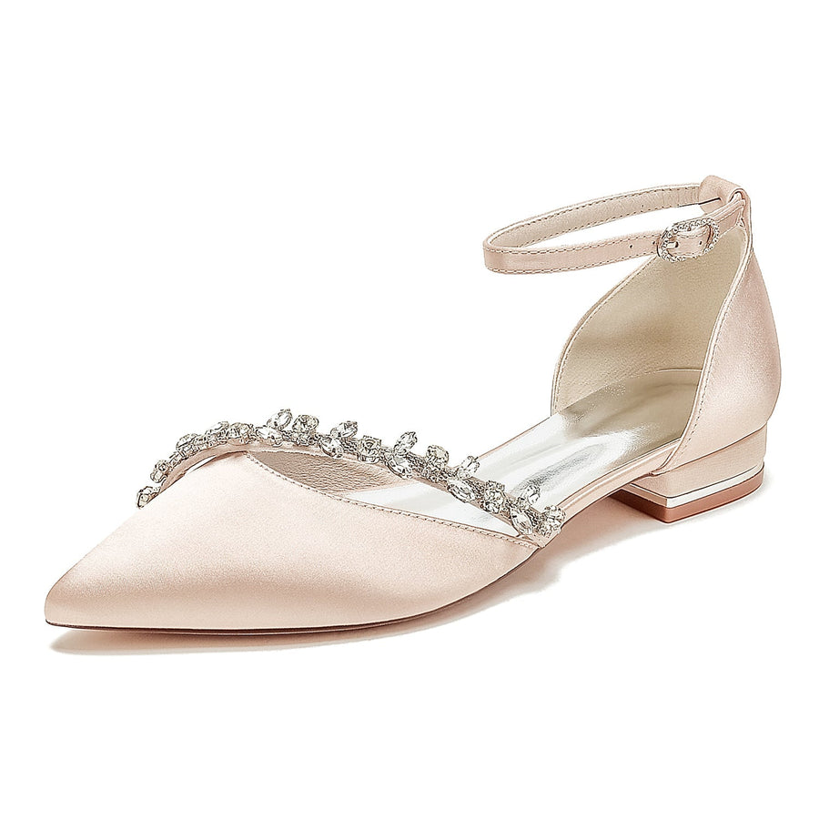 Damen Seidensatin Mit Knöchelriemen Strass Geschlossene Zehenpartie Flacher Absatz Partyschuhe