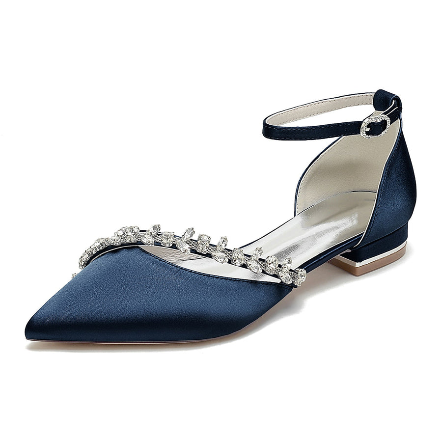 Damen Seidensatin Mit Knöchelriemen Strass Geschlossene Zehenpartie Flacher Absatz Partyschuhe