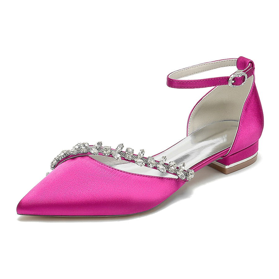 Damen Seidensatin Mit Knöchelriemen Strass Geschlossene Zehenpartie Flacher Absatz Partyschuhe