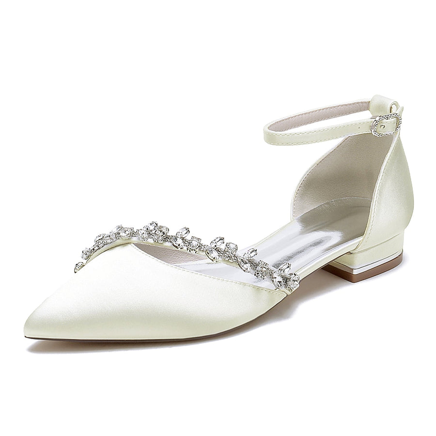 Damen Seidensatin Mit Knöchelriemen Strass Geschlossene Zehenpartie Flacher Absatz Partyschuhe