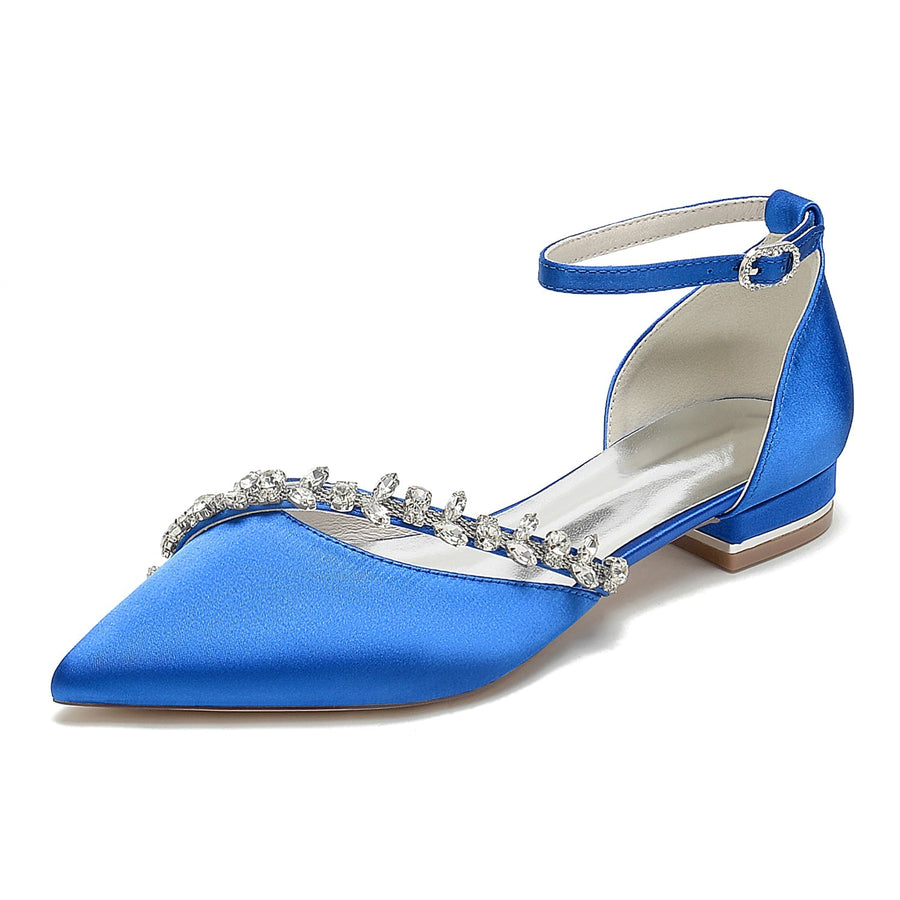 Damen Seidensatin Mit Knöchelriemen Strass Geschlossene Zehenpartie Flacher Absatz Partyschuhe