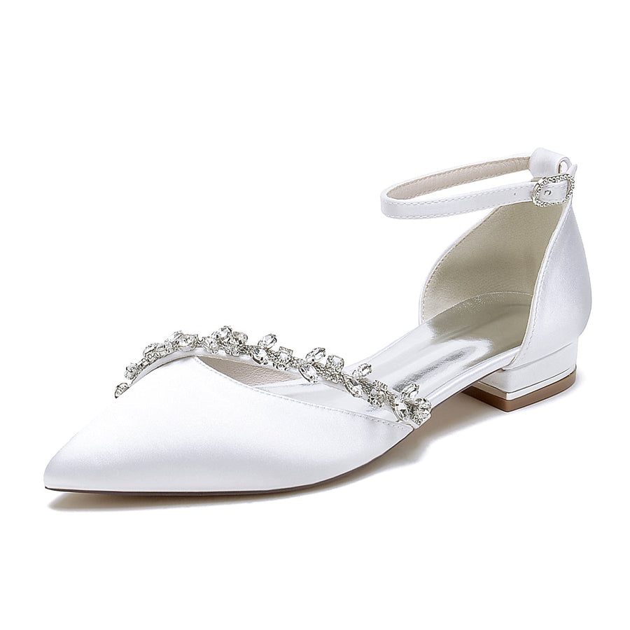 Damen Seidensatin Mit Knöchelriemen Strass Geschlossene Zehenpartie Flacher Absatz Partyschuhe